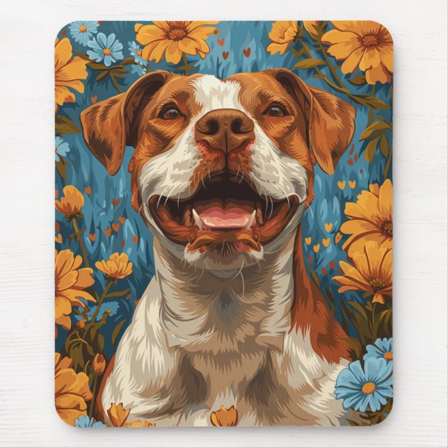 Cute Brown and White Dog and Flowers Mouse Pad (Front)