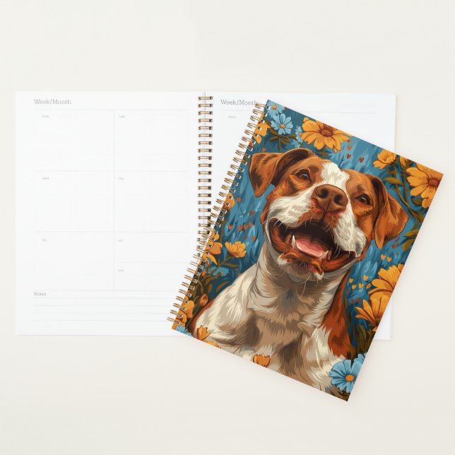 Cute Brown and White Dog and Flowers Planner (Display)