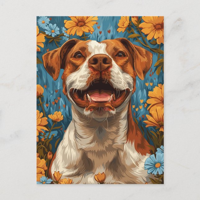 Cute Brown and White Dog and Flowers Postcard (Front)