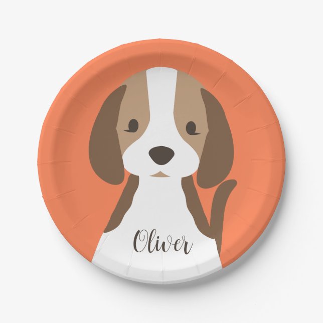 Cute brown and white dog portrait paper plates (Front)