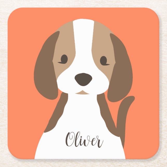 Cute brown and white dog portrait square paper coaster (Front)