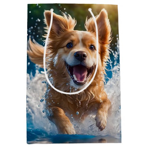Cute Brown and White Dog Splashing in the Water  Medium Gift Bag