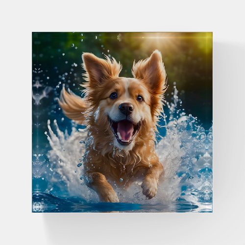 Cute Brown and White Dog Splashing in the Water  Paperweight