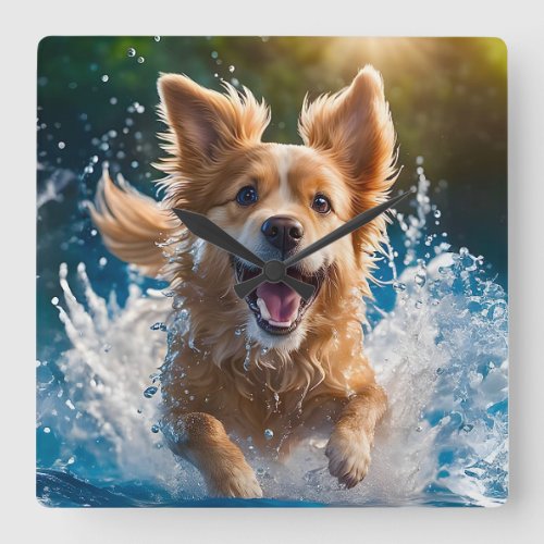 Cute Brown and White Dog Splashing in the Water  Square Wall Clock