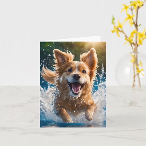 Cute Brown and White Dog Splashing in Water Blank Card