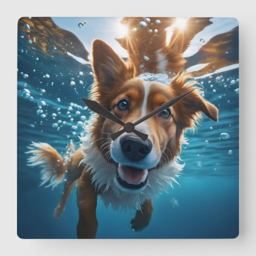 Cute Brown and White Dog Underwater  Square Wall Clock