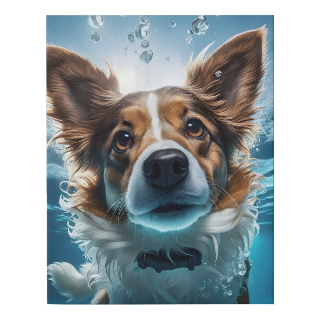 Cute Brown and White Dog Underwater Swimming  Faux Canvas Print (Front)