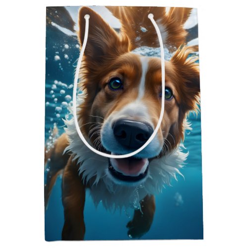 Cute Brown and White Dog Underwater Swimming  Medium Gift Bag