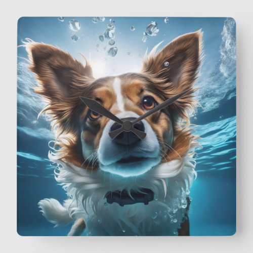 Cute Brown and White Dog Underwater Swimming  Square Wall Clock