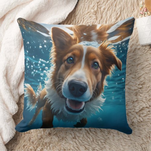 Cute Brown and White Dog Underwater Swimming  Throw Pillow