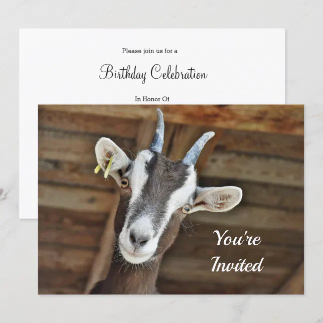 Cute Brown and White Goat Photo Birthday Invitation | Zazzle