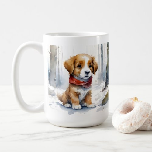 Cute Brown and White Puppy in Red Scarf and Snow Coffee Mug