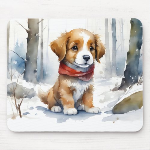 Cute Brown and White Puppy in Red Scarf and Snow Mouse Pad