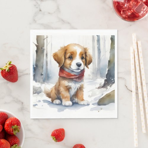 Cute Brown and White Puppy in Red Scarf and Snow Napkins