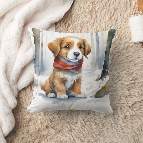 Cute Brown and White Puppy in Red Scarf and Snow Throw Pillow
