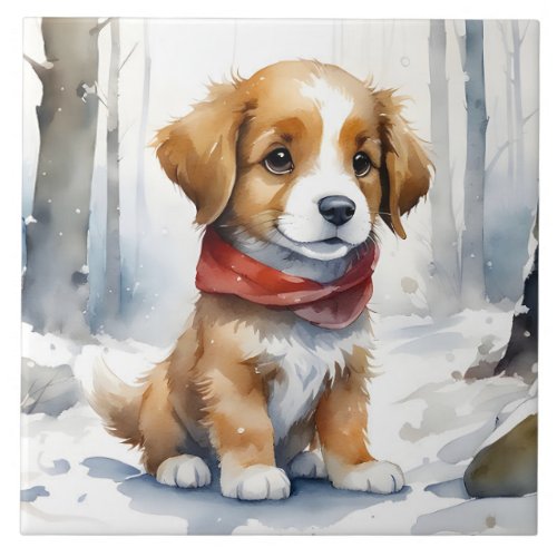 Cute Brown and White Puppy with Red Scarf in Snow Ceramic Tile