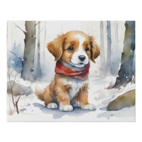Cute Brown and White Puppy with Red Scarf in Snow Faux Canvas Print