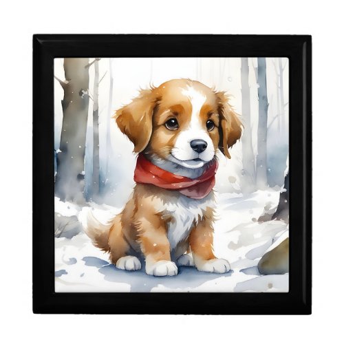 Cute Brown and White Puppy with Red Scarf in Snow Gift Box