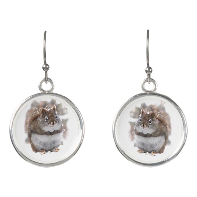 Cute Brown and White Squirrel Animal Drop Earrings (Front)