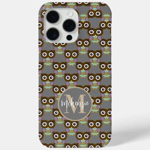 Cute Brown Aqua Purple Owl Pattern Choose Color iPhone 15 Pro Max Case