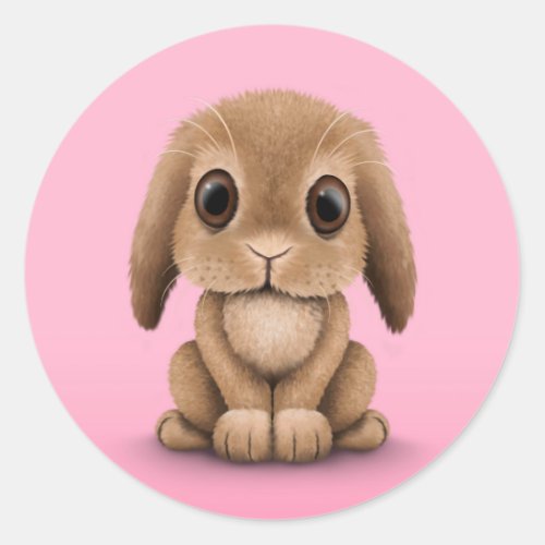 Cute Brown Baby Bunny Rabbit on Pink Classic Round Sticker