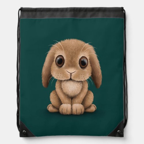 Cute Brown Baby Bunny Rabbit on Teal Blue Drawstring Bag