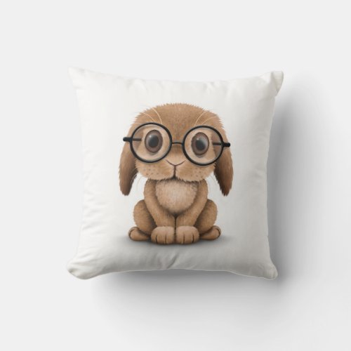 Cute Brown Baby Bunny Wearing Glasses on White Throw Pillow
