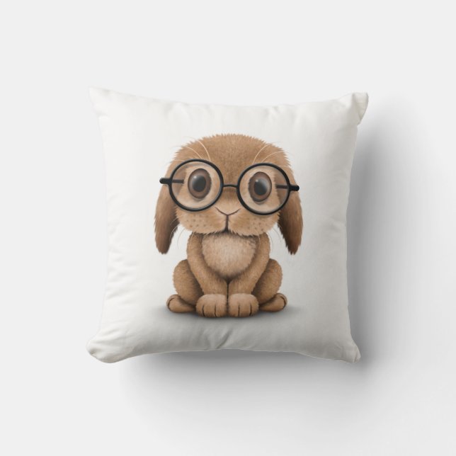 Cute Brown Baby Bunny Wearing Glasses on White Throw Pillow (Front)
