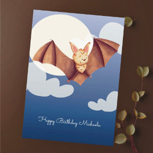 Cute Brown Bat Cartoon Personalized Happy Birthday Card