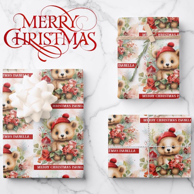 Cute Brown Bear Add Name Christmas 3 Wrapping Paper Sheets (Creator Uploaded)