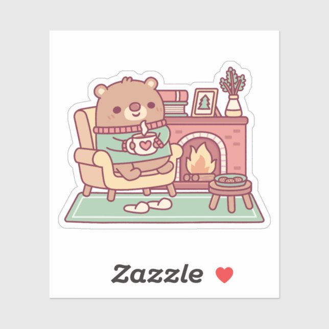 Cute Brown Bear And Cozy Fireplace Sticker (Sheet)