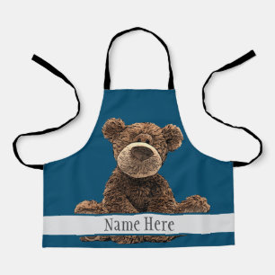 Cute Brown Bear Animal Stylish Name Blue Kid's Apron