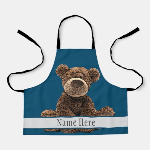 Cute Brown Bear Animal Stylish Name Blue Kids  Apron