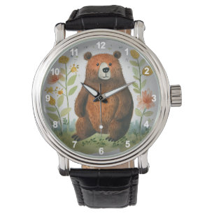 Cute Brown Bear Animals Flower Garden Design Watch