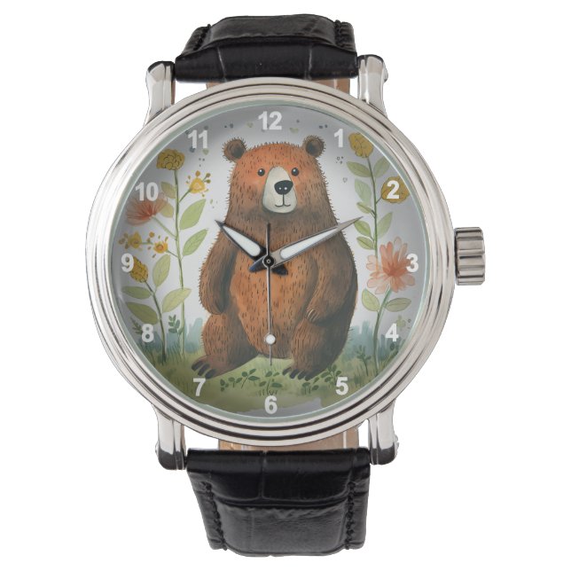 Cute Brown Bear Animals Flower Garden Design Watch (Front)