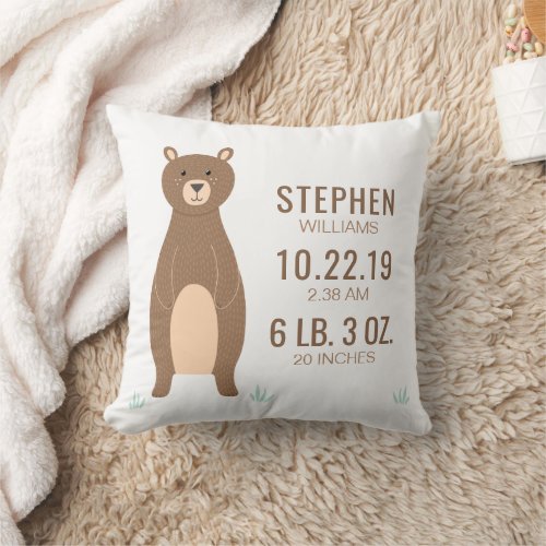 Cute Brown Bear Baby Birth Record Stats Throw Pillow