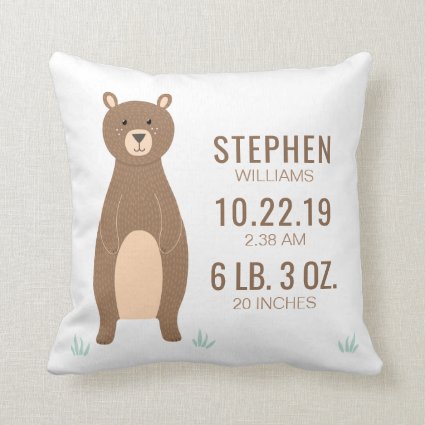 Cute Brown Bear Baby Birth Record Stats Throw Pillow