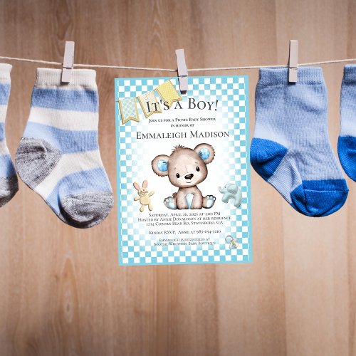 Cute Brown Bear Baby Boy Picnic Baby Shower Invitation