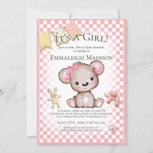 Cute Brown Bear Baby Girl Picnic Baby Shower Invitation