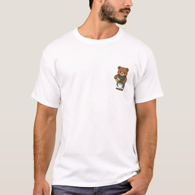 Cute Brown Bear Barista Pouring Honey into Coffee T-Shirt (Front)