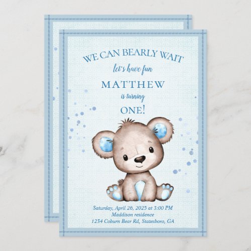 Cute Brown Bear Blanket For Boy 1st Birthday Invitation