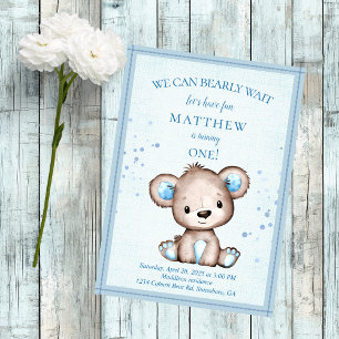 Cute Brown Bear Blanket For Boy 1st Birthday Invitation