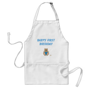 Cute Brown Bear Blue Bib Baby's First Birthday Adult Apron