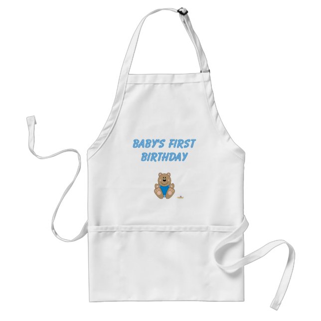 Cute Brown Bear Blue Bib Baby's First Birthday Adult Apron (Front)