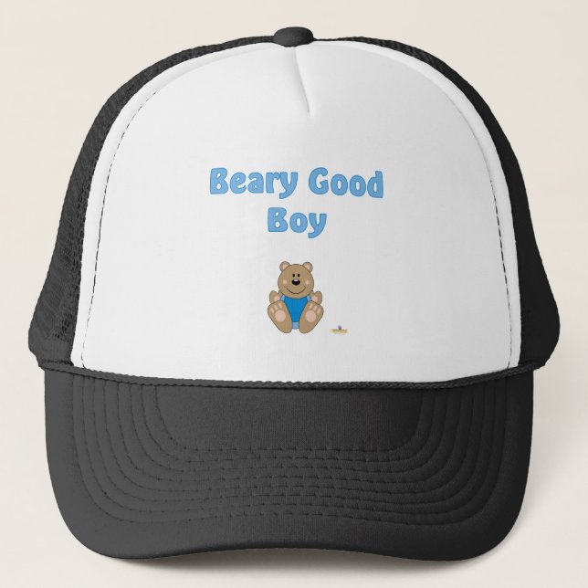 Cute Brown Bear Blue Bib Beary Good Boy Trucker Hat (Front)