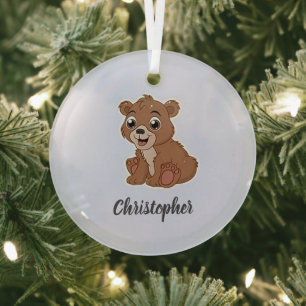 Cute brown bear blue glass ornament