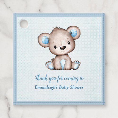 Cute Brown Bear Boy Blue Blanket Favor Tags