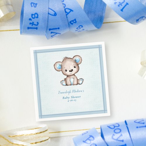Cute Brown Bear Boy Blue Blanket Napkins