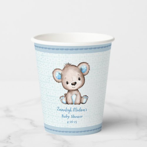 Cute Brown Bear Boy Blue Blanket Paper Cups