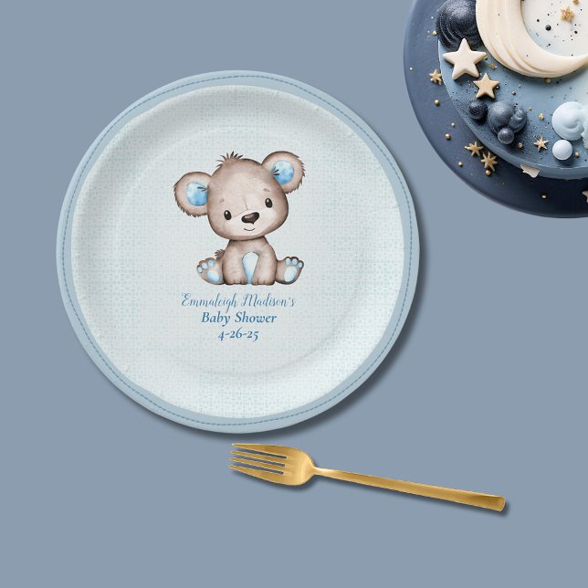 Cute Brown Bear Boy Plaid Blue Paper Plates (Creator Uploaded)